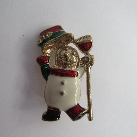Enamel Snowman Christmas Holiday Brooch Pin Goldtone Metal Vintage Lot of 2 - Picture 2 of 12